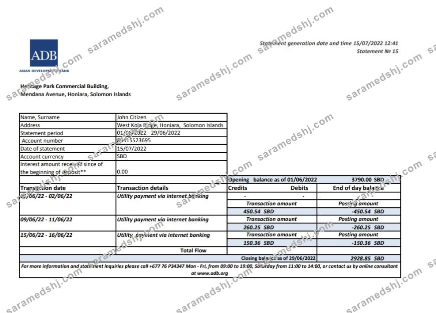 Solomon Islands ADB bank statement